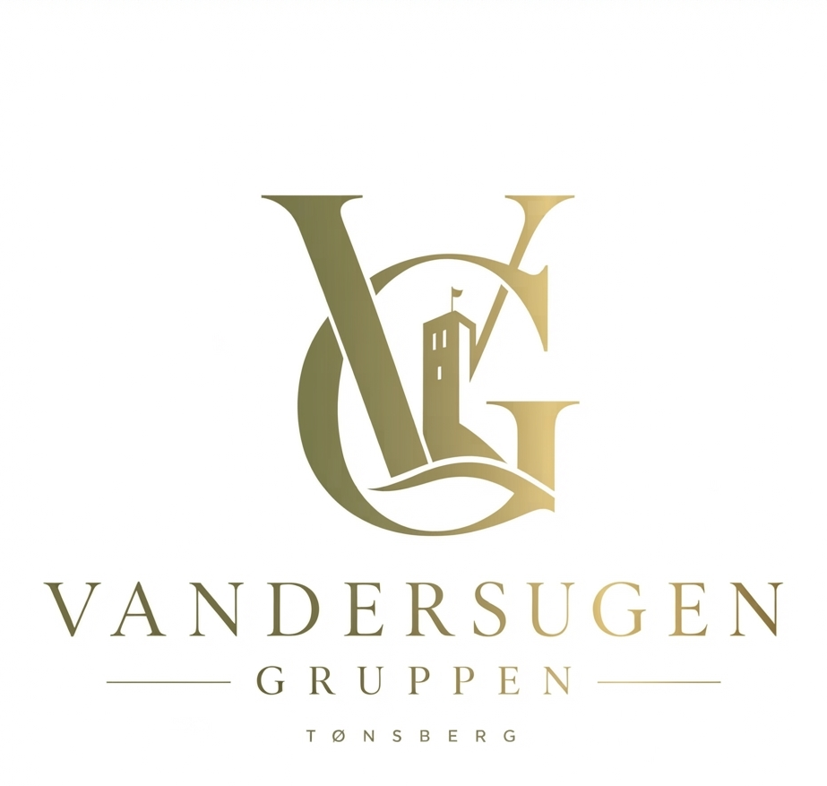 Vandersugen Gruppen. Monogram med tårnet på Slottsfjellet, Tønsberg.